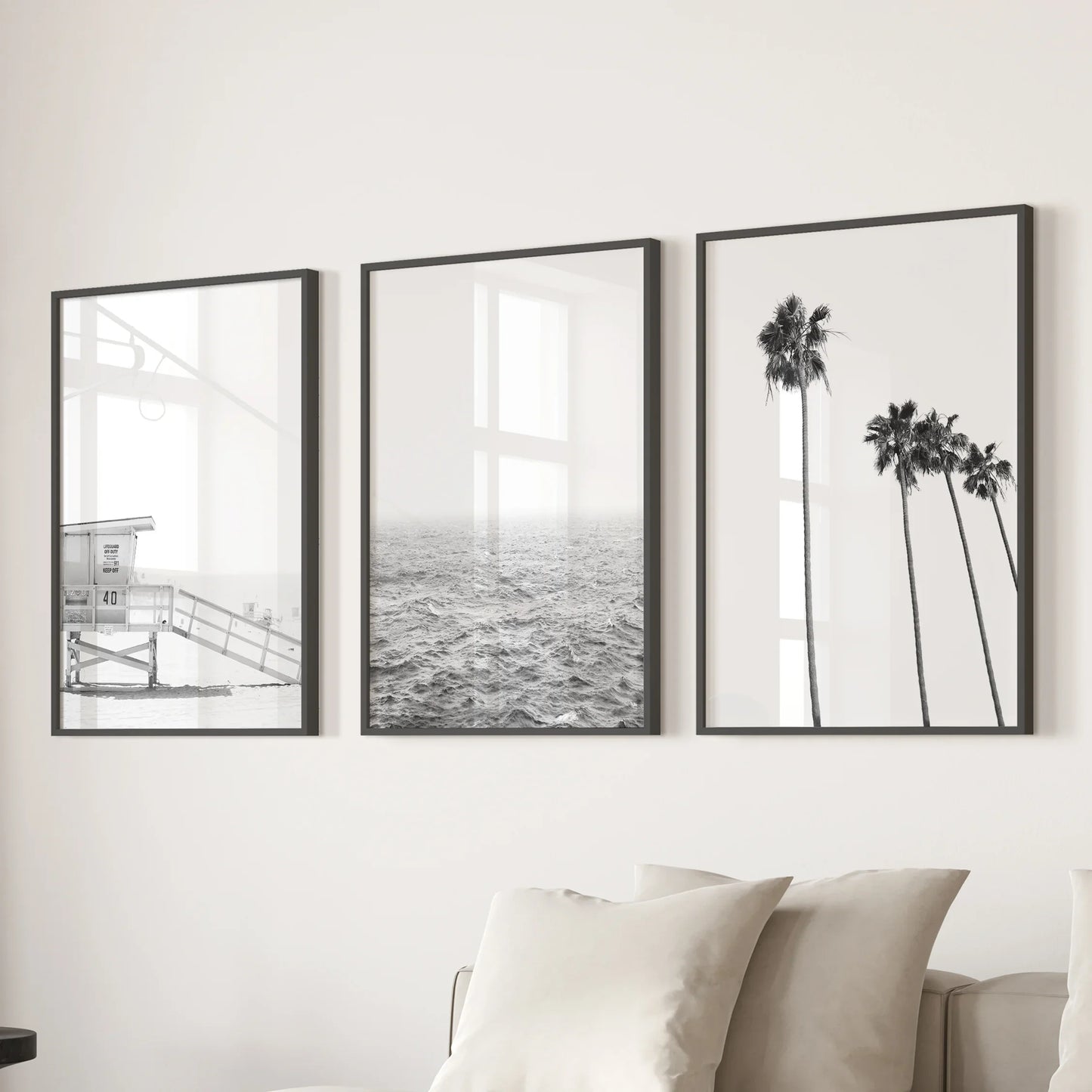 Black White Coastal Wall Art Set: Palms, Ocean, Lifeguard – Minimal Coastal Wall Art