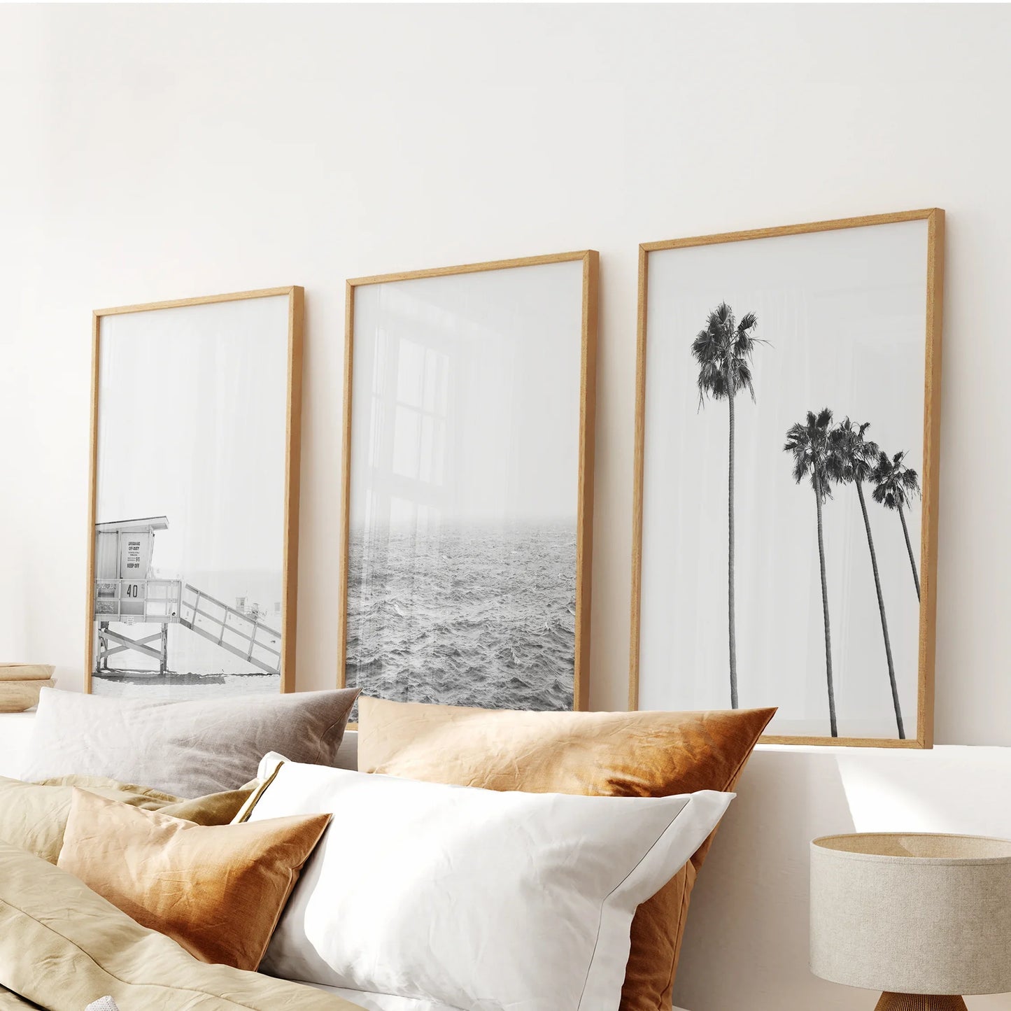 Black White Coastal Wall Art Set: Palms, Ocean, Lifeguard – Minimal Coastal Wall Art