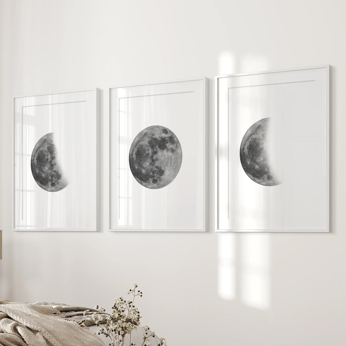 Moon Phases Set of 3 Prints – Black & White Lunar Cycle Wall Art
