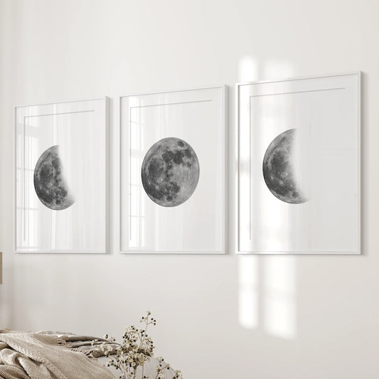 Moon Phases Set of 3 Prints – Black & White Lunar Cycle Wall Art