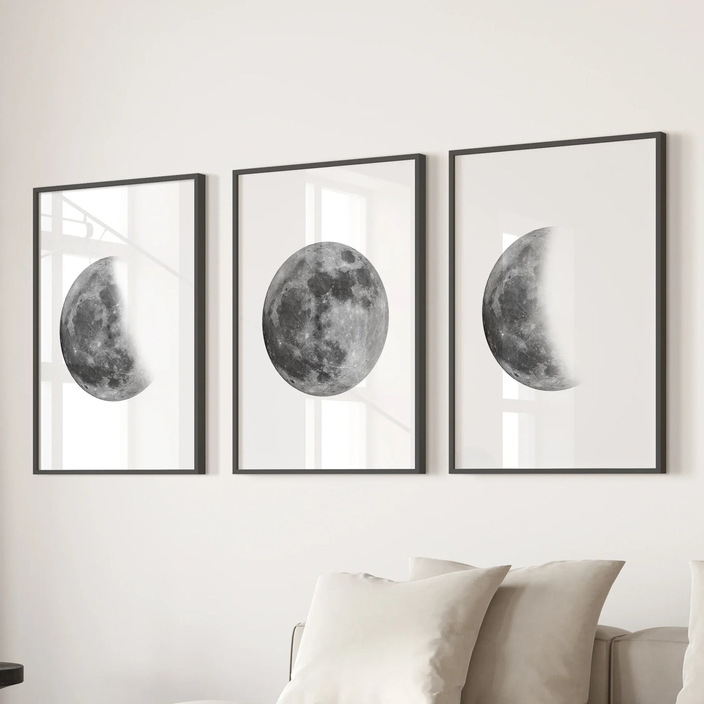 Moon Phases Set of 3 Prints – Black & White Lunar Cycle Wall Art