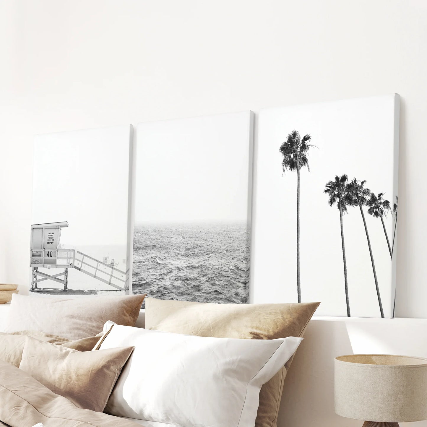 Black White Coastal Wall Art Set: Palms, Ocean, Lifeguard – Minimal Coastal Wall Art