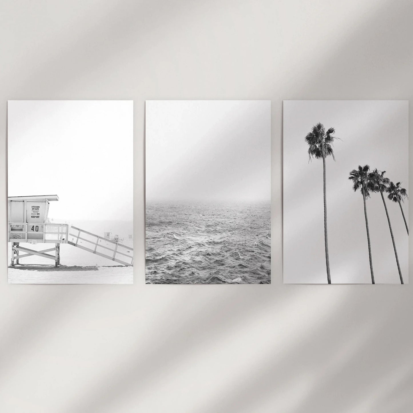 Black White Coastal Wall Art Set: Palms, Ocean, Lifeguard – Minimal Coastal Wall Art