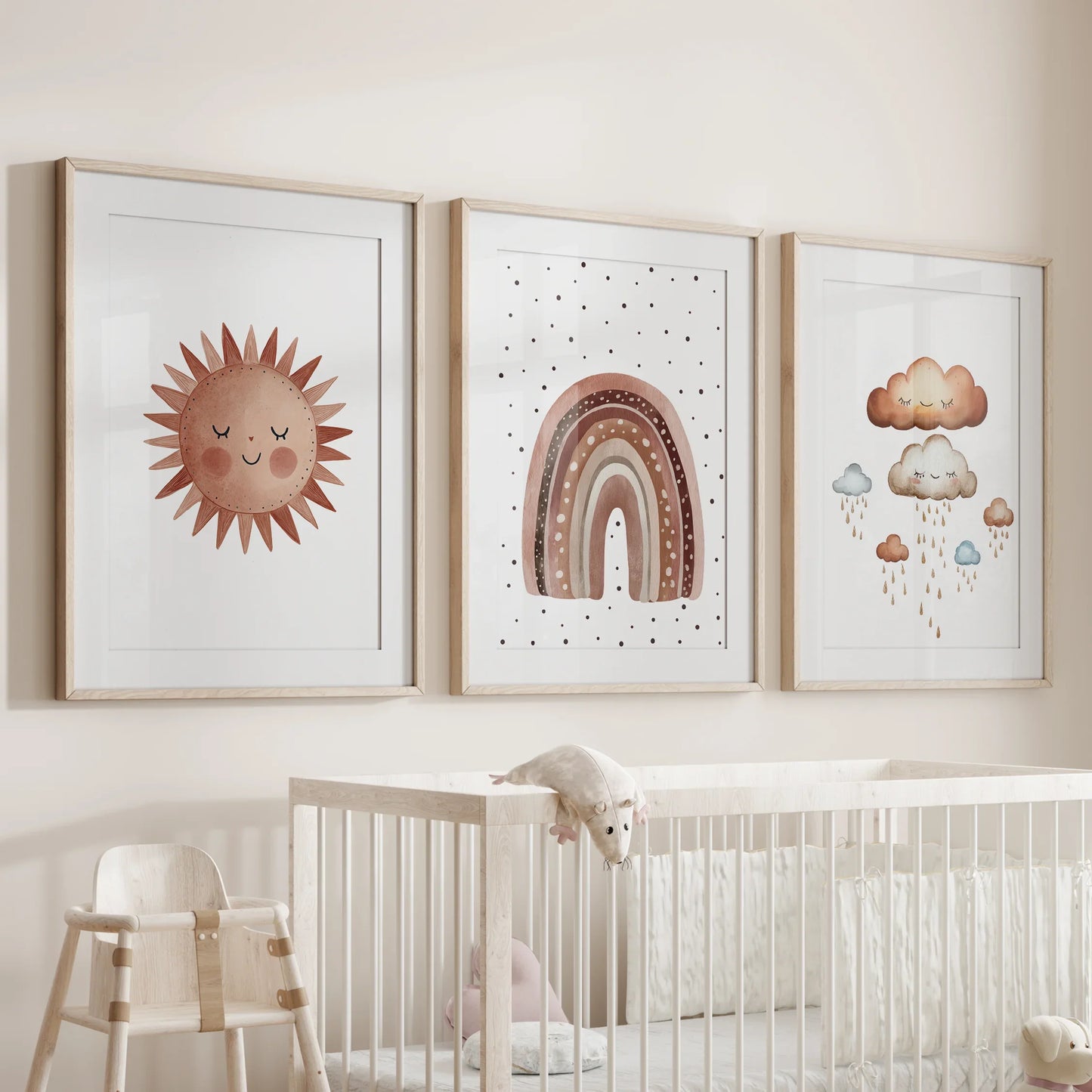 Minimalist Baby Room Wall Art Set of 3 – Earthy Rainbow Theme