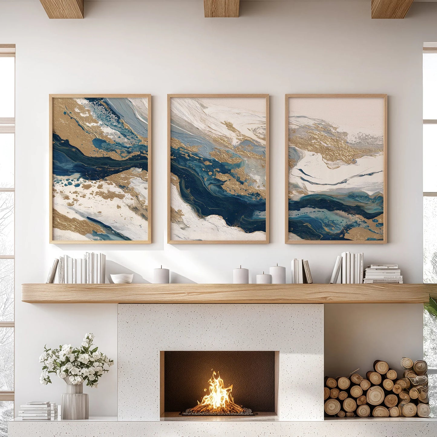 Gilded Tides – Blue & Gold Abstract Canvas Set (3 Piece)
