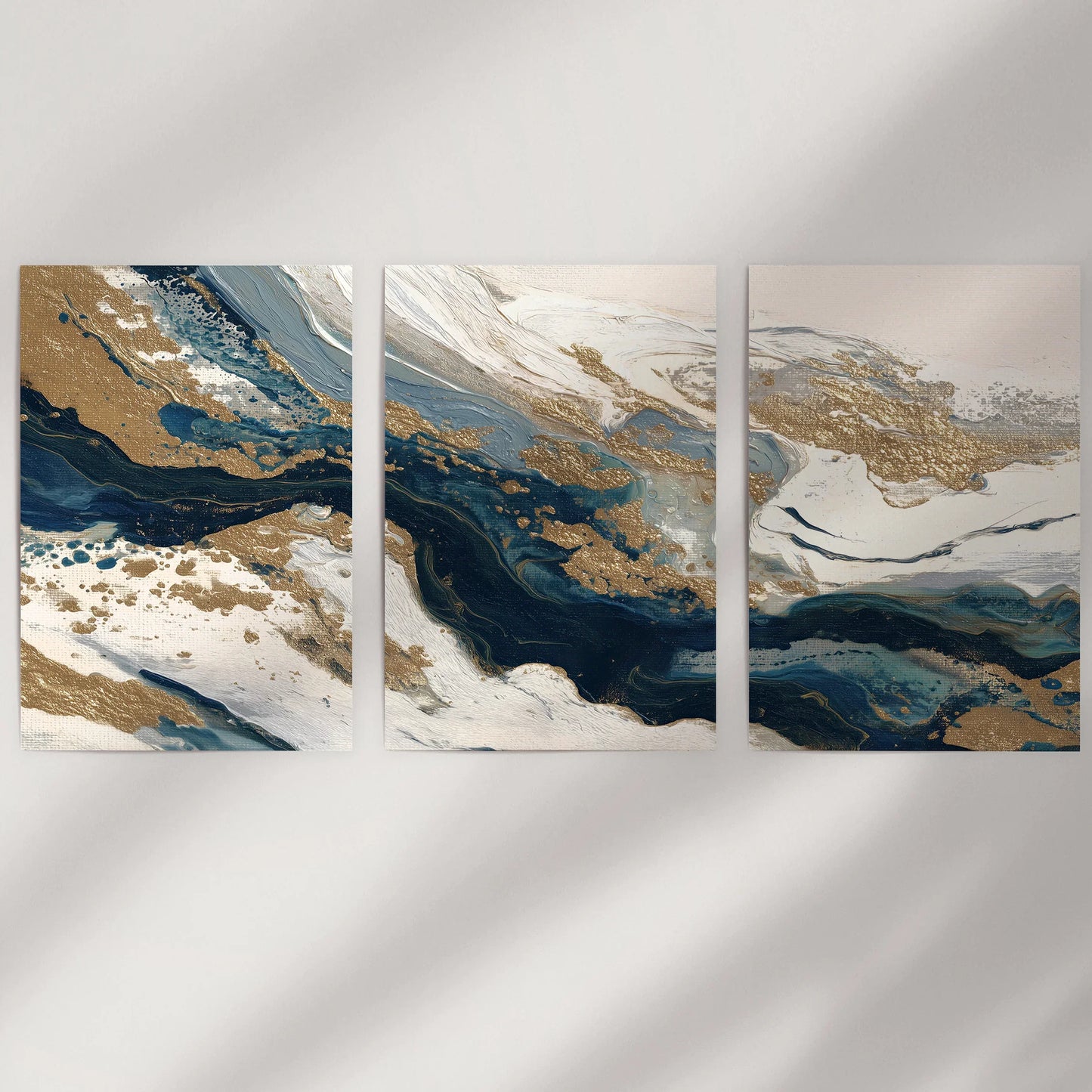Gilded Tides – Blue & Gold Abstract Canvas Set (3 Piece)