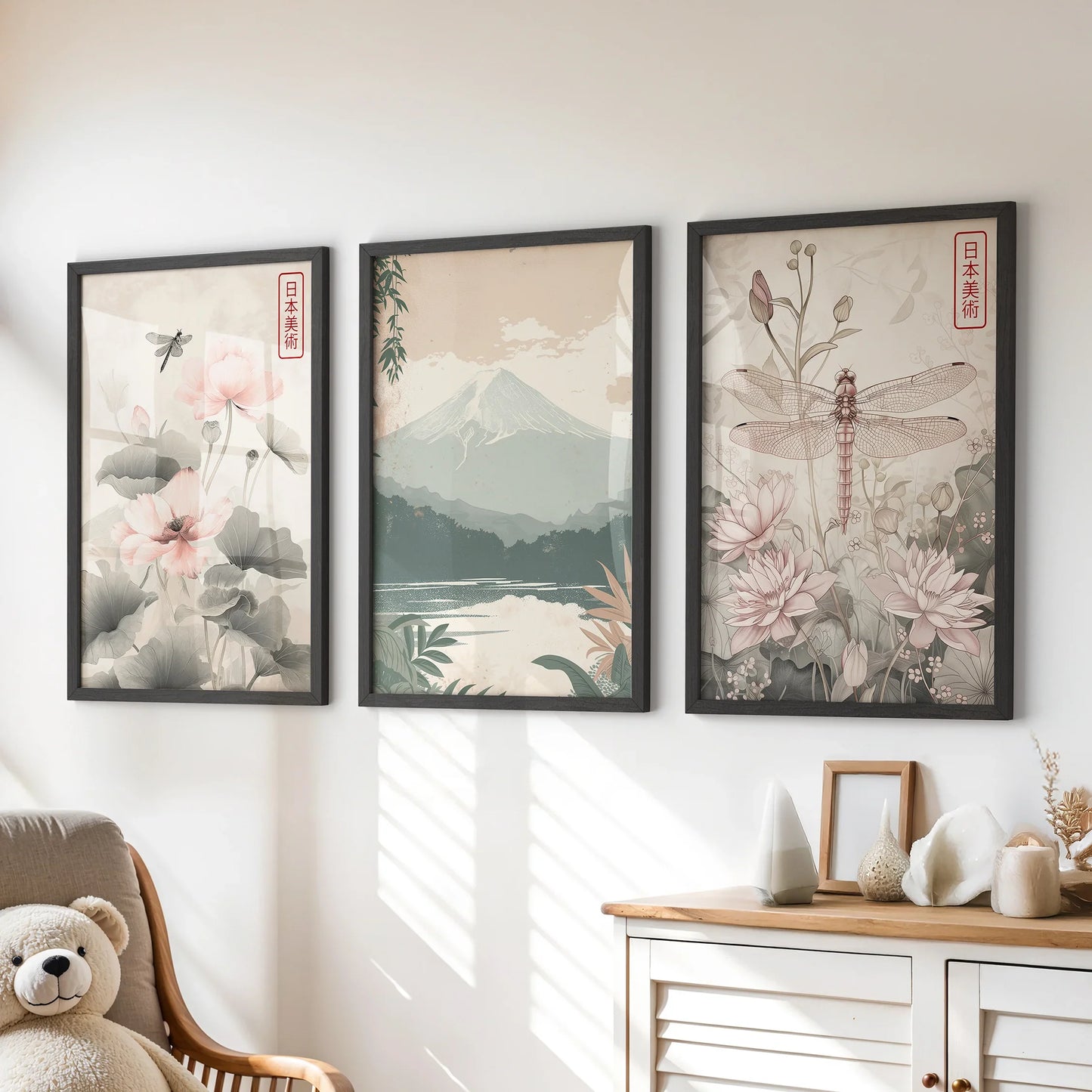 Japandi Style Floral & Mountain – 3 Piece Wall Art Set