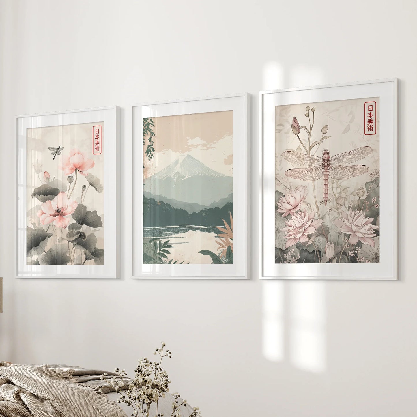 Japandi Style Floral & Mountain – 3 Piece Wall Art Set