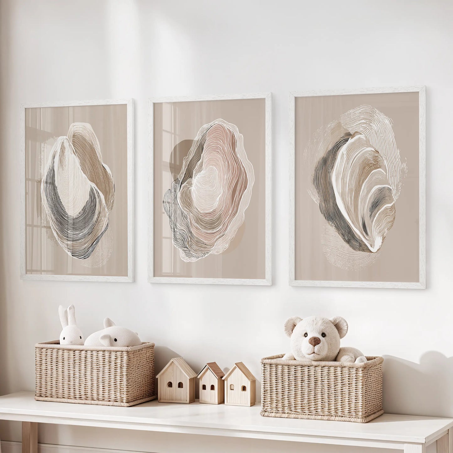 Vintage Oyster Shell Sketch. Minimalist Coastal Wall Art Set
