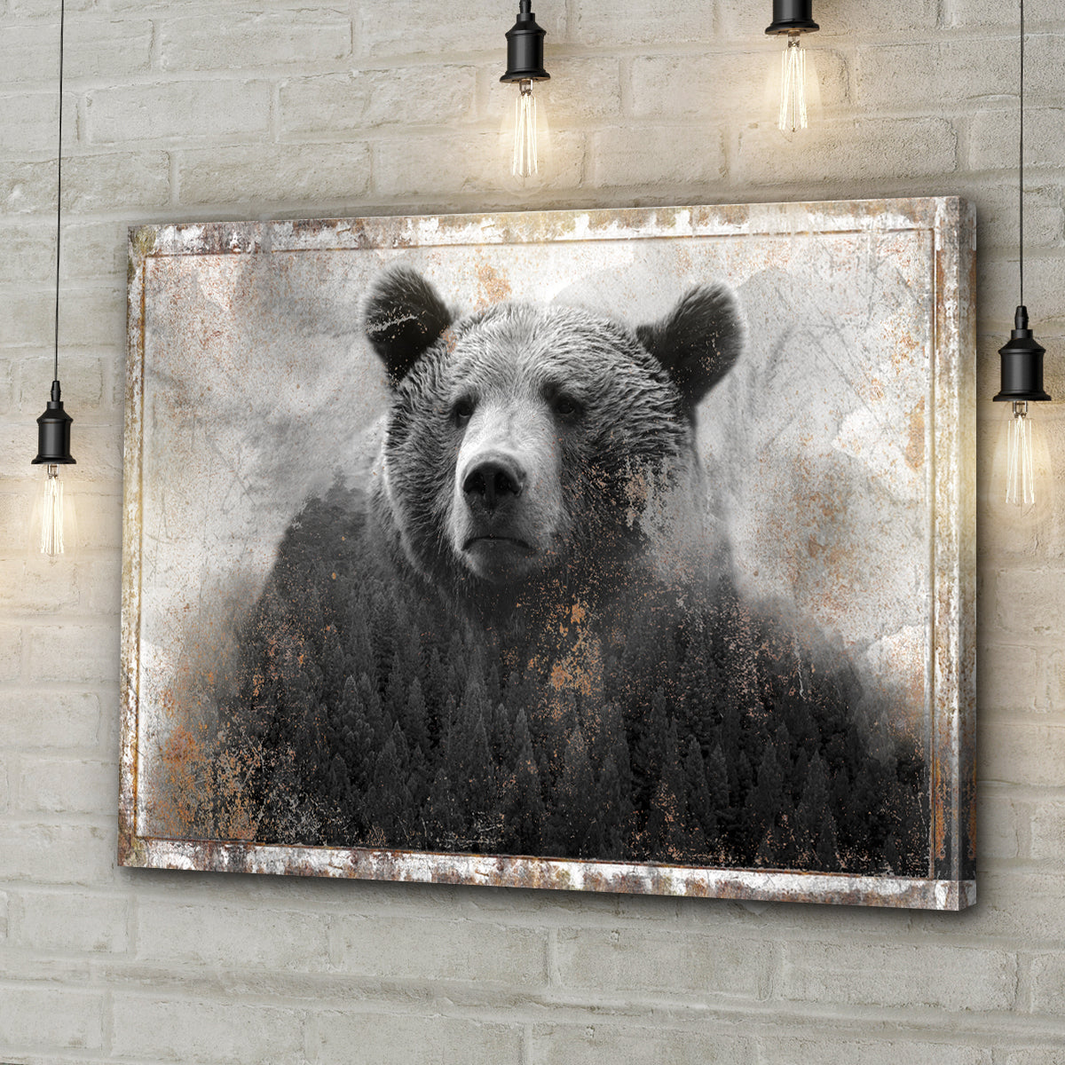 Forest Bear Silhouette – Rustic Woodland Double Exposure Wall Art