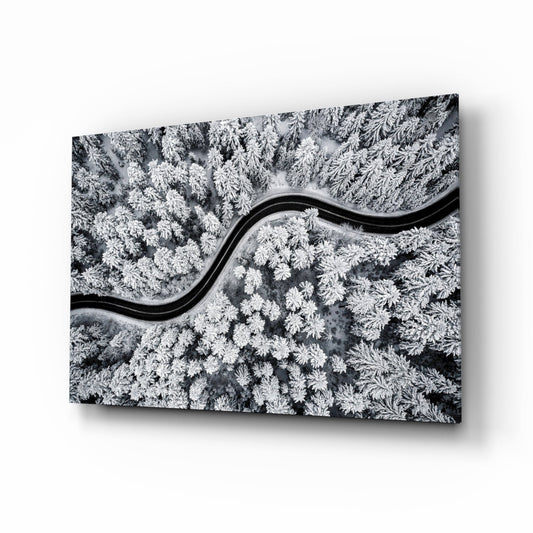 Winter Serpentine – Snowbound Forest Road Glass Wall Art