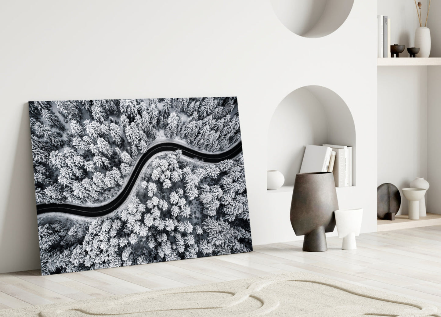 Winter Serpentine – Snowbound Forest Road Glass Wall Art